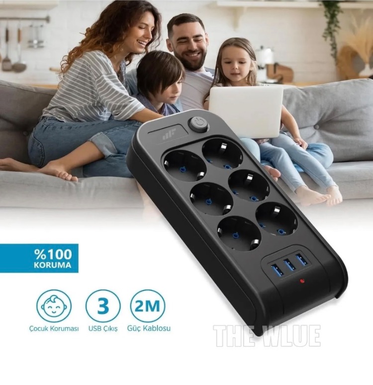 THE WLUE Çoklu 6'lı Priz Akım Korumalı 3xUSB 3.4A 2500 Watt 2 Metre Uzatma Kablosu