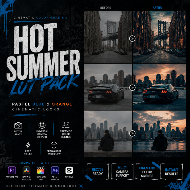 Hot Summer LUT Pack by Grain Dock Studio | Pastel Blue Orange Cinematic Rec709 LUT Collection
