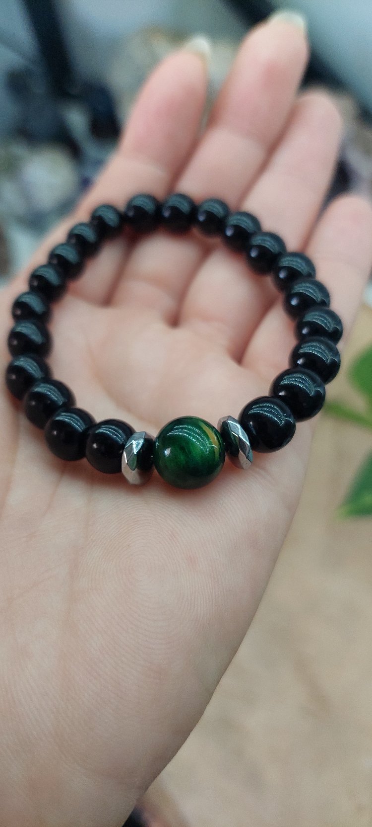 10 mm Küre Kesim Yeşil Kaplan Gözü Taşlı, Oniks(8 mm) ve Hematitli Bileklik