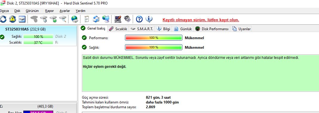 Seagate 250 GB 3.5” SATA Hard Disk (Sağlık 100 , İkinci El)