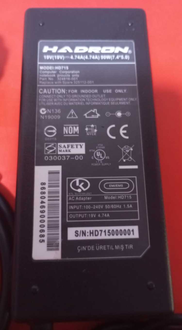 HP 19V 90W İğne Uçlu Notebook Adaptörü Şarj Aleti (HADRON marka Muadil, İkinci El)