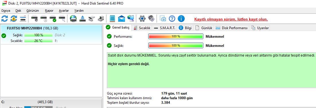 FUJITSU 200 GB 2.5” SATA Laptop Hard Disk (Sağlık 100 , Sorunsuz)