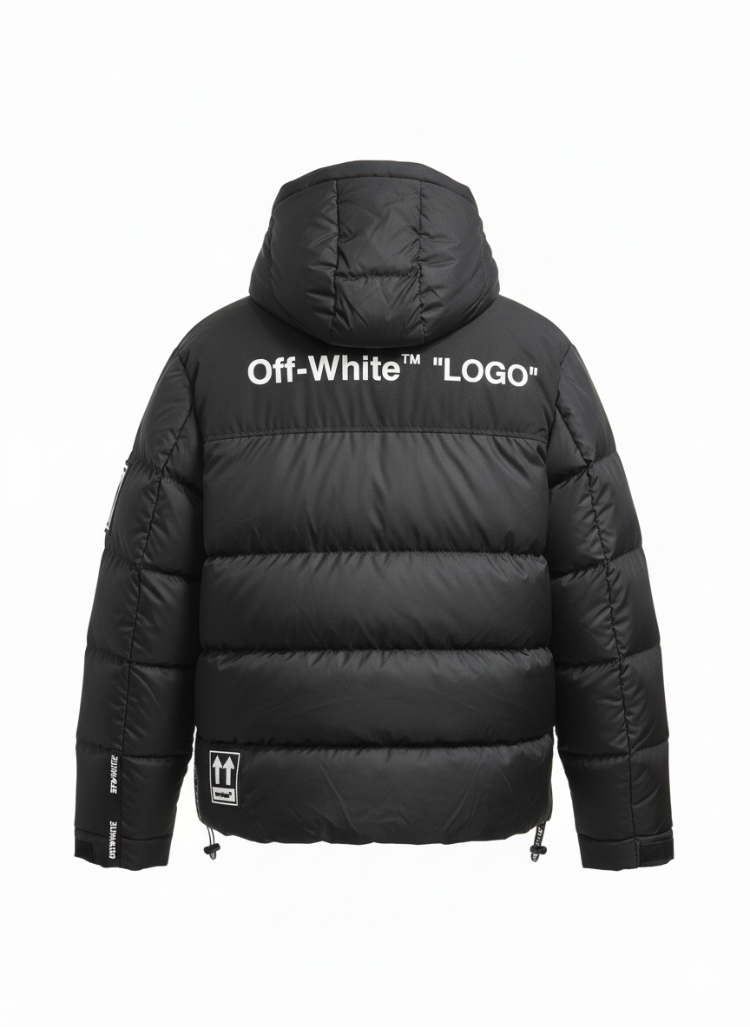 Off-White™ İkonik Ok Logo Kapüşonlu Şişme Mont - Siyah & Siyah Beyaz