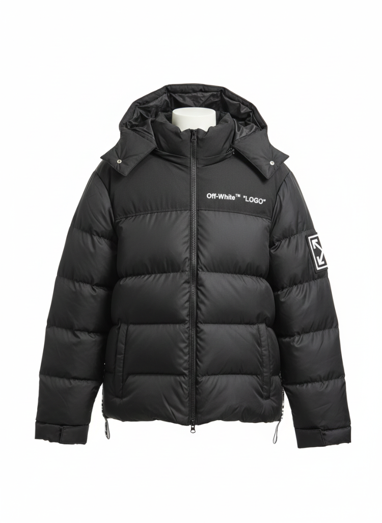 Off-White™ İkonik Ok Logo Kapüşonlu Şişme Mont - Siyah & Siyah Beyaz