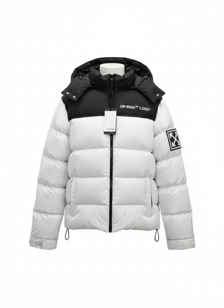 Off-White™ İkonik Ok Logo Kapüşonlu Şişme Mont - Siyah & Siyah Beyaz