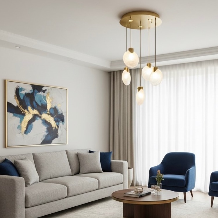 VONA_5Li Midye Opal Cam E14 Duylu LED Ampüllü Spotlu Salon Sarkıt Avize