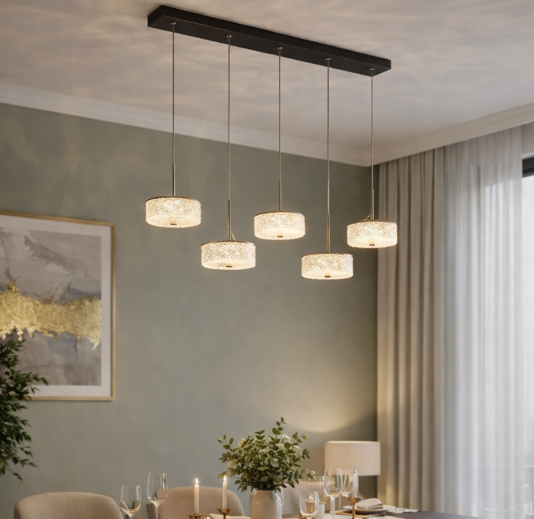 VONA_5Li 3Işık LED Yemek Masası Kristal Sarkıt Avize ROSE GOLD