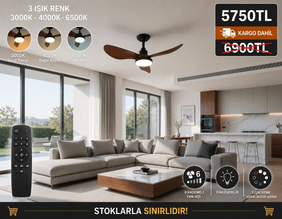 VONA_3Işıklı, LED, 3 Fan Kanat ve Uzaktan Kumandalı,Tavan Tipi Vantilatör Çap.70cm