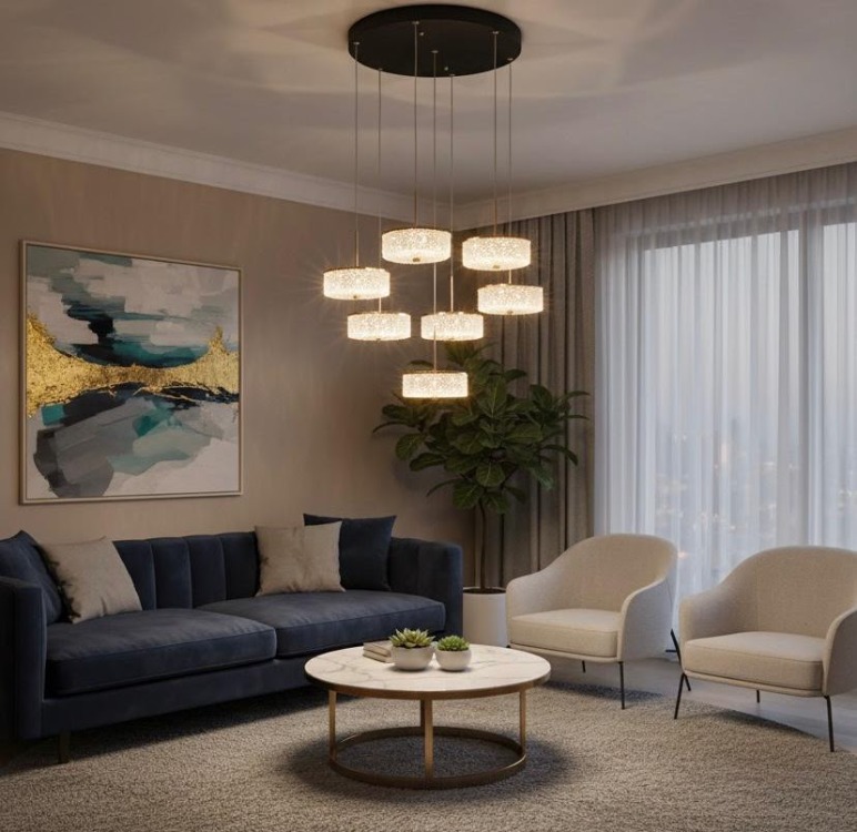 VONA_7Li 3Işık LED Salon Kristal Sarkıt Avize ROSE GOLD