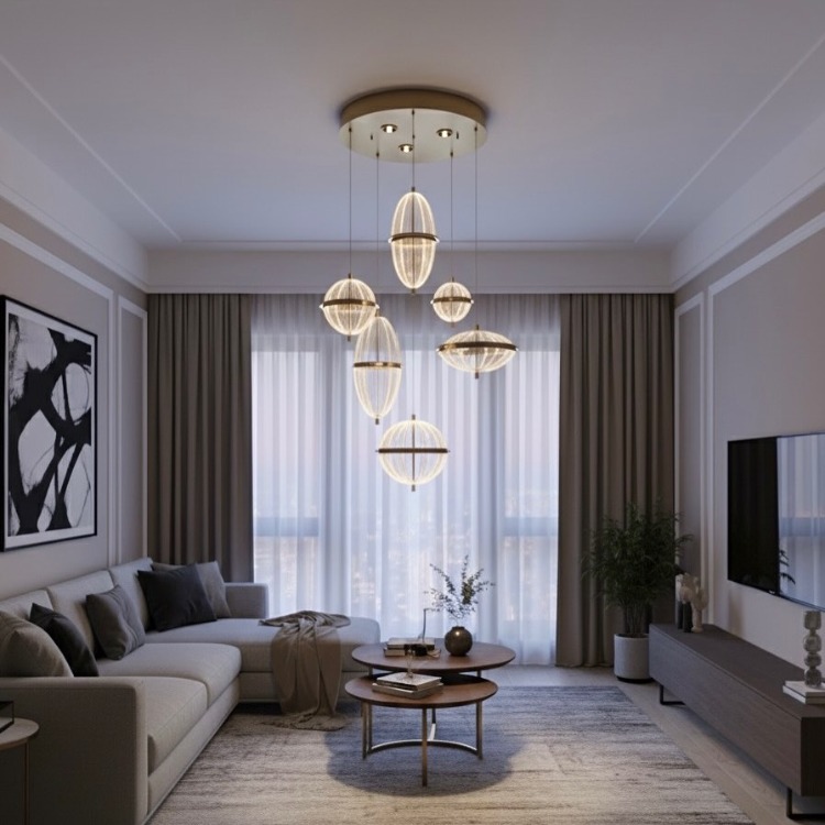 VONA_6Lı Samanyolu 3Işık LED Spotlu Salon Sarkıt Avize Gold Kaplama