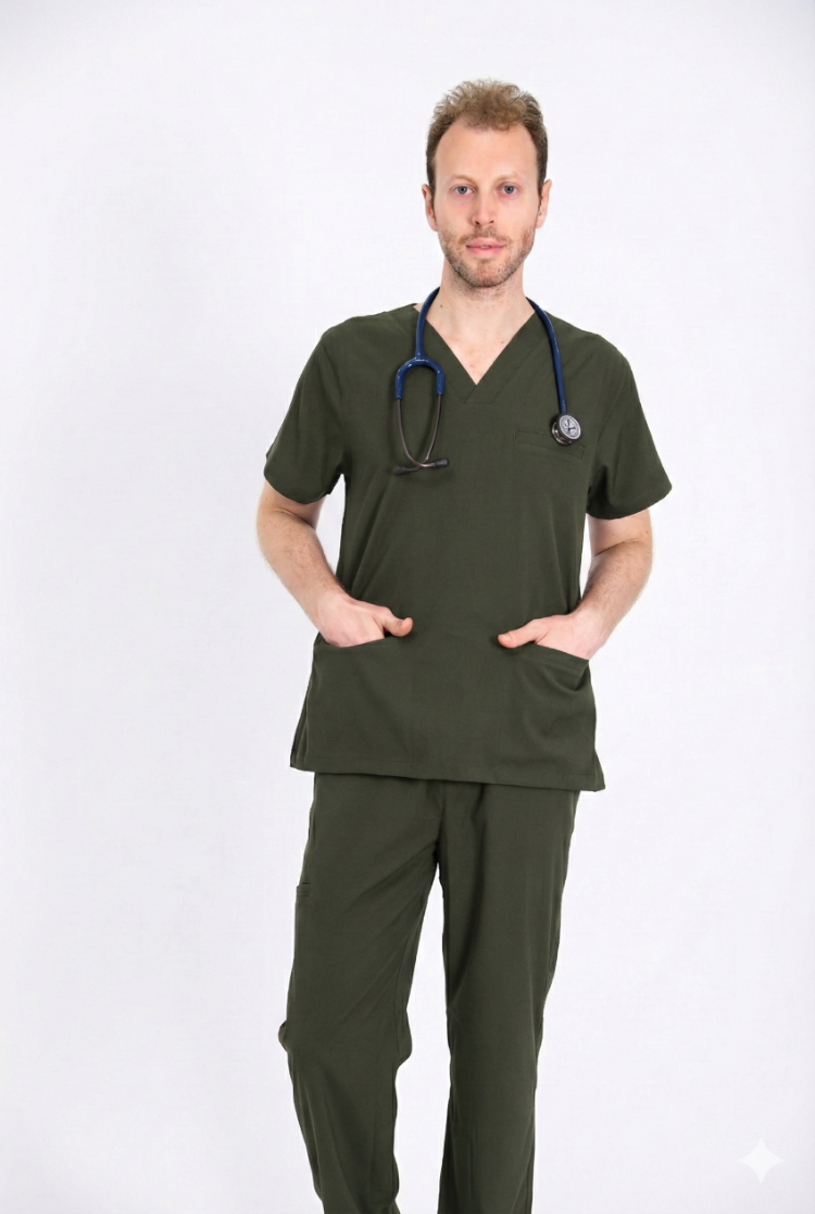 Classic Comfort Serisi Erkek Scrubs - Zeytin Yeşili