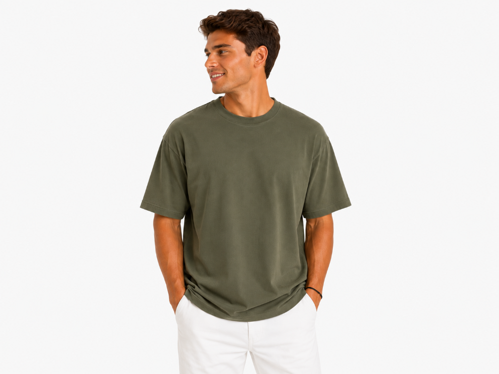 Erkek Tam Oversize Kalıp Kalın Dokulu %100 Organik Pamuk Bisiklet Ribana Yakalı Haki T-Shirt