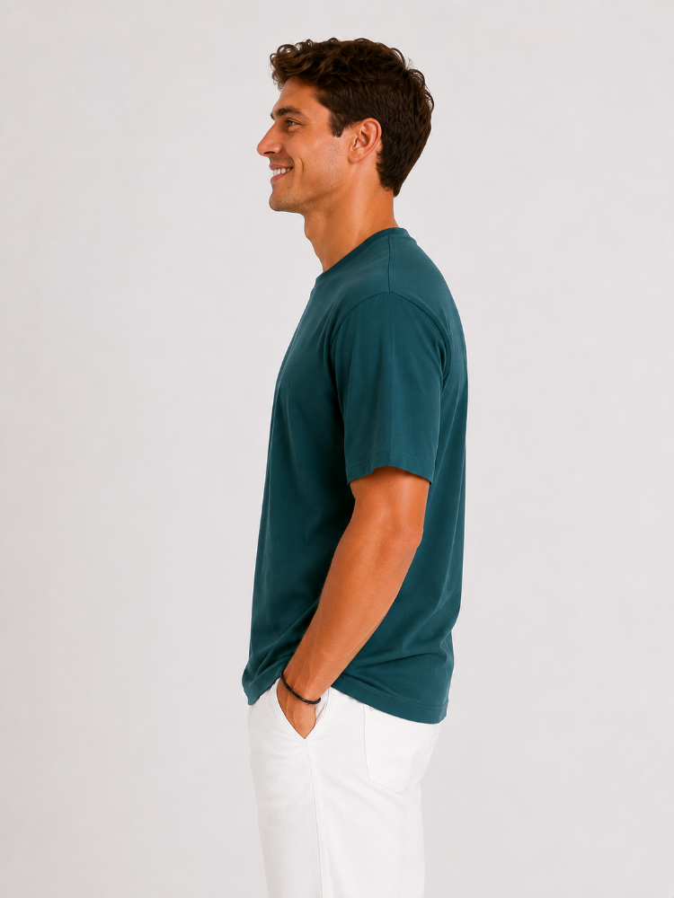 Erkek Tam Oversize Kalıp Kalın %100 Pamuk Bisiklet Ribana Yakalı Petrol Yeşili T-Shirt
