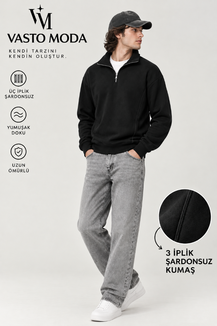 Vasto Moda Erkek Oversize Kalın Dokulu 3 İplik Şardonsuz Bisiklet Yakalı Basic Yarım Fermua
