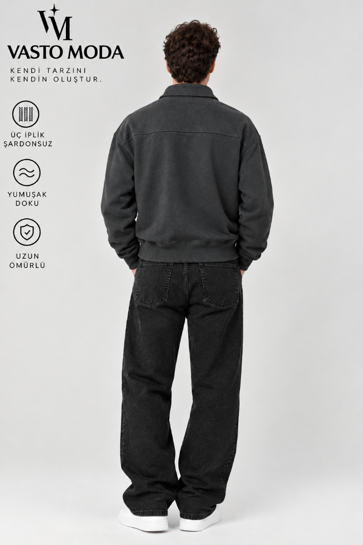 Vasto Moda Erkek Oversize Kalın Dokulu 3 İplik Şardonsuz Bisiklet Yakalı Basic Yarım Fermua