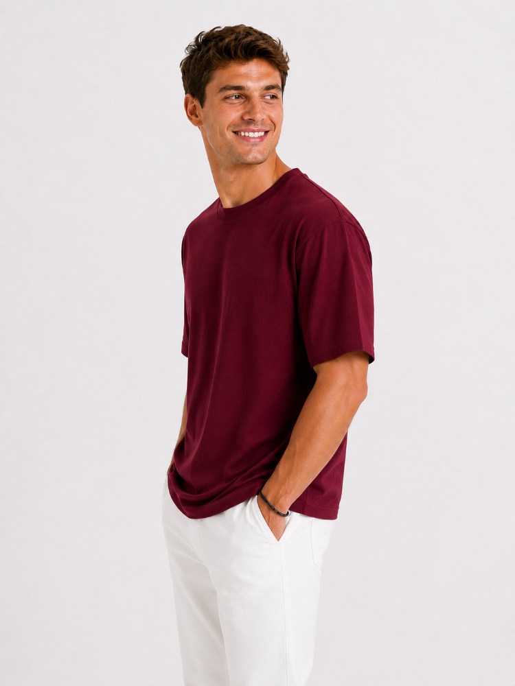 Erkek Oversize Kalın Dokulu %100 Organik Pamuk Bisiklet Ribana Yakalı Bordo T-Shirt