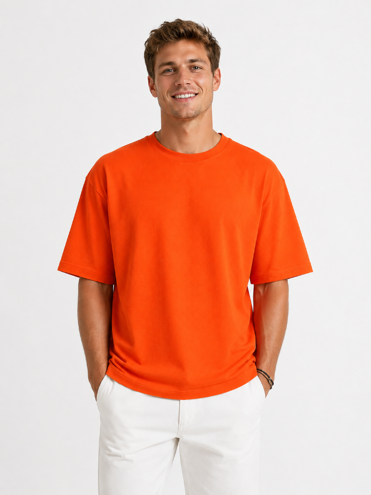 Erkek Oversize Kalın Dokulu %100 Organik Pamuk Bisiklet Ribana Yakalı Turuncu T-Shirt