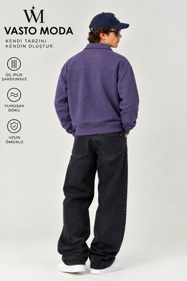 Vasto Moda Erkek Oversize Kalın Dokulu 3 İplik Şardonsuz Bisiklet Yakalı Basic Yarım Fermua