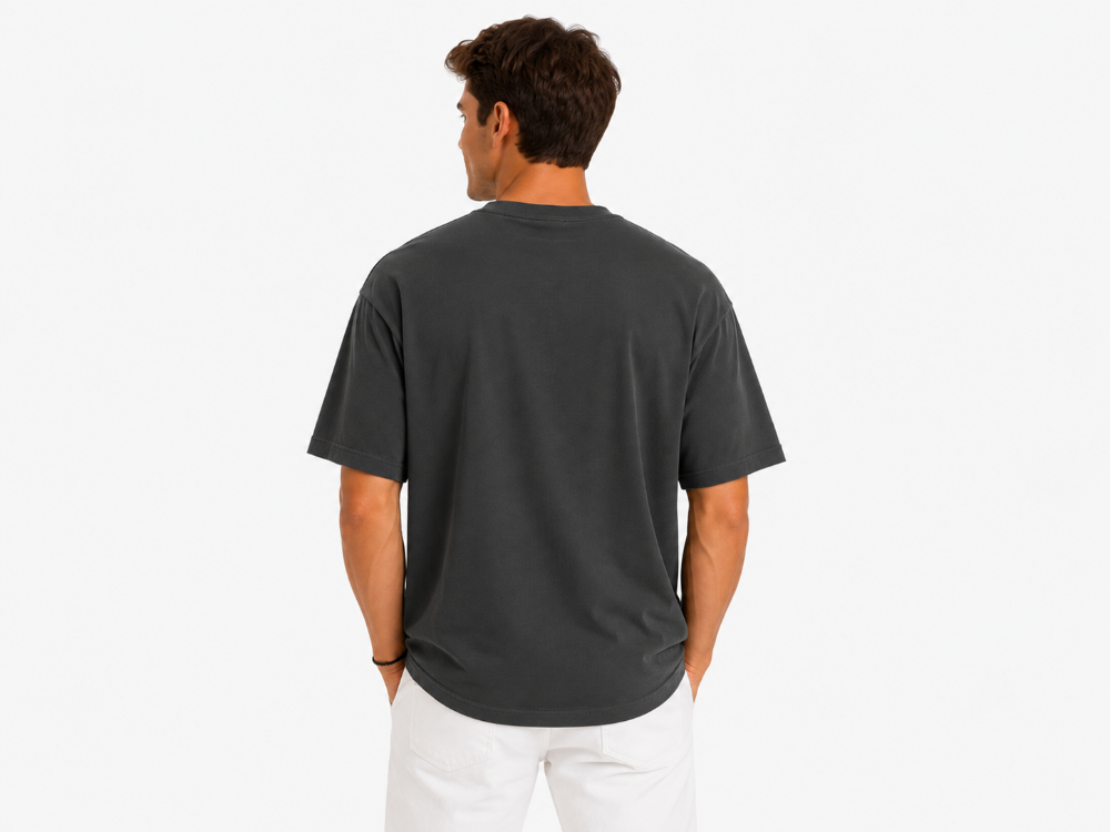 Erkek Tam Oversize Kalıp Kalın Dokulu %100 Organik Pamuk Bisiklet Ribana Yakalı Füme T-Shirt