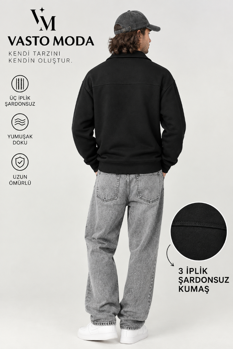 Vasto Moda Erkek Oversize Kalın Dokulu 3 İplik Şardonsuz Bisiklet Yakalı Basic Yarım Fermua