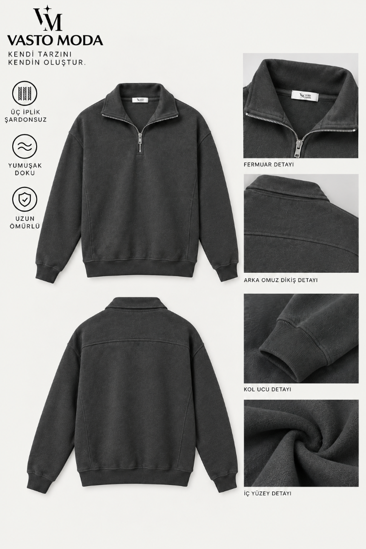 Vasto Moda Erkek Oversize Kalın Dokulu 3 İplik Şardonsuz Bisiklet Yakalı Basic Yarım Fermua