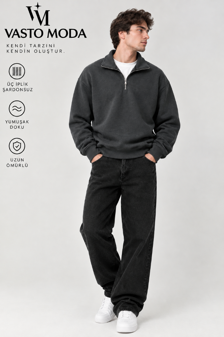 Vasto Moda Erkek Oversize Kalın Dokulu 3 İplik Şardonsuz Bisiklet Yakalı Basic Yarım Fermua