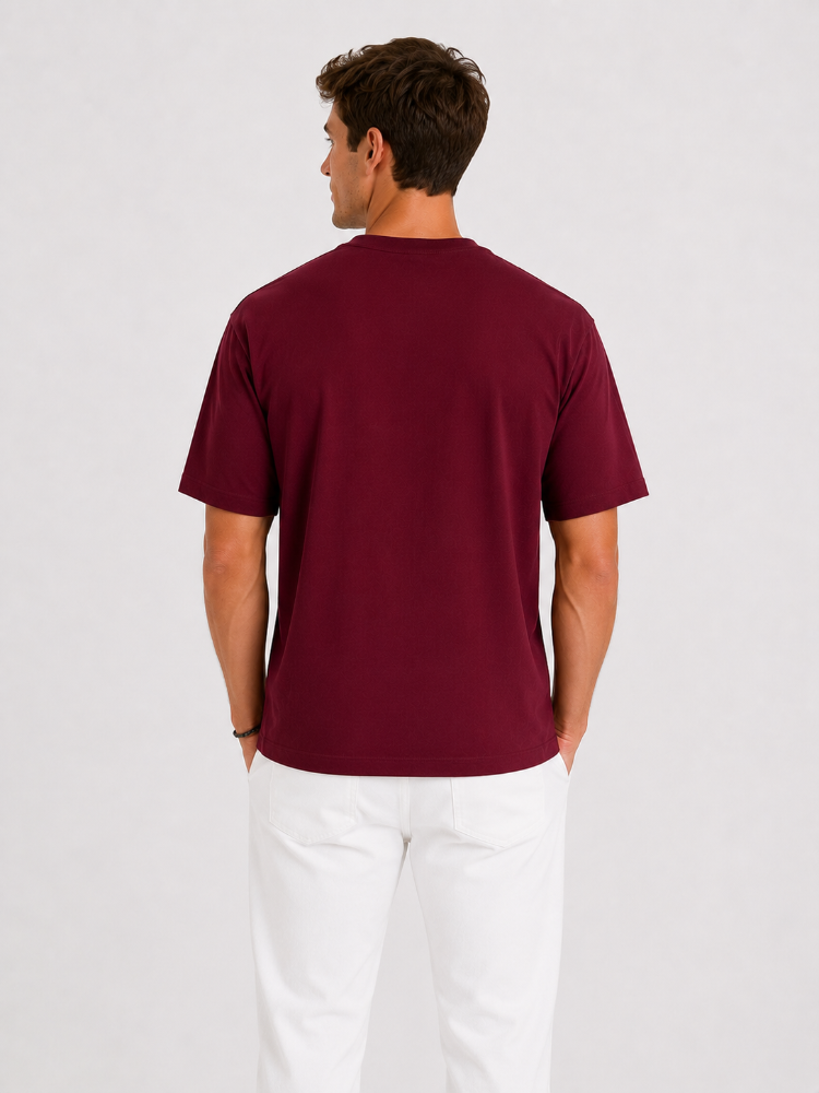 Erkek Oversize Kalın Dokulu %100 Organik Pamuk Bisiklet Ribana Yakalı Bordo T-Shirt