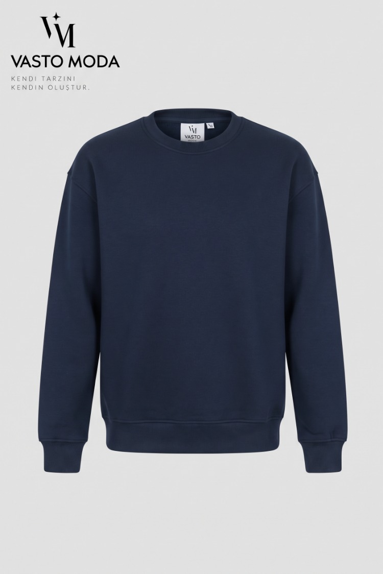 Erkek Oversize Kalın Dokulu 3 İplik Şardonsuz Bisiklet Yakalı Basic Lacivert Sweatshirt
