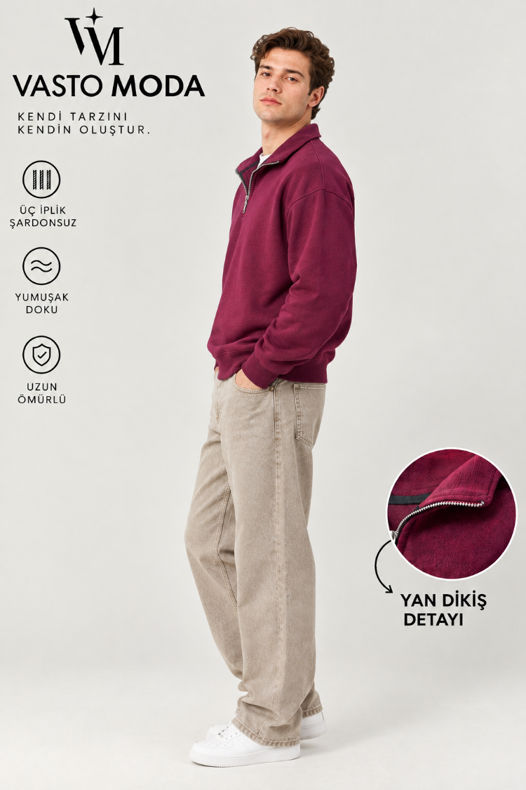 Vasto Moda Erkek Oversize Kalın Dokulu 3 İplik Şardonsuz Bisiklet Yakalı Basic Yarım Fermua