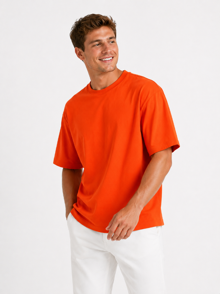 Erkek Oversize Kalın Dokulu %100 Organik Pamuk Bisiklet Ribana Yakalı Turuncu T-Shirt