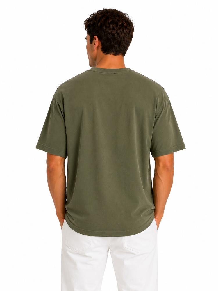 Erkek Tam Oversize Kalıp Kalın Dokulu %100 Organik Pamuk Bisiklet Ribana Yakalı Haki T-Shirt