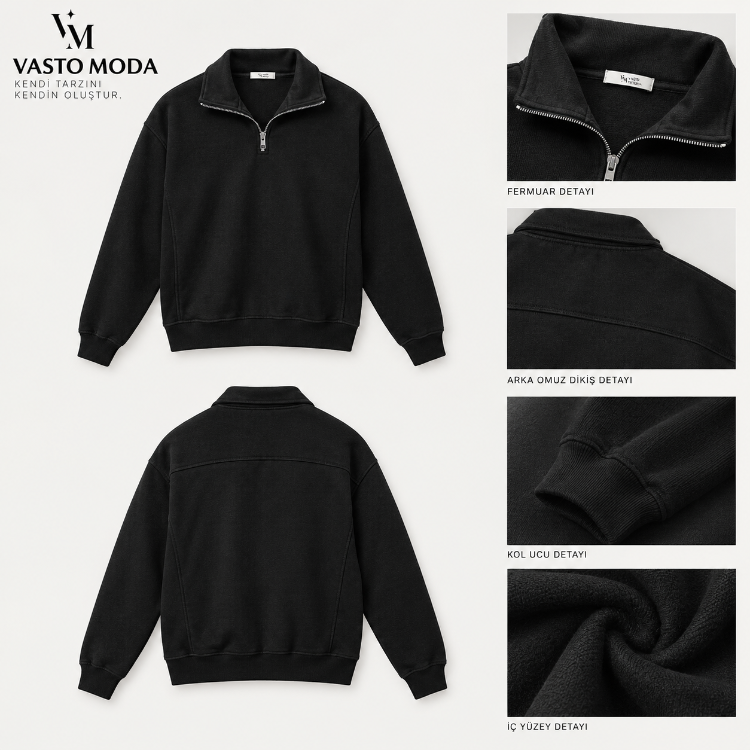 Vasto Moda Erkek Oversize Kalın Dokulu 3 İplik Şardonsuz Bisiklet Yakalı Basic Yarım Fermua