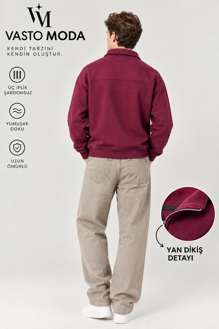 Vasto Moda Erkek Oversize Kalın Dokulu 3 İplik Şardonsuz Bisiklet Yakalı Basic Yarım Fermua