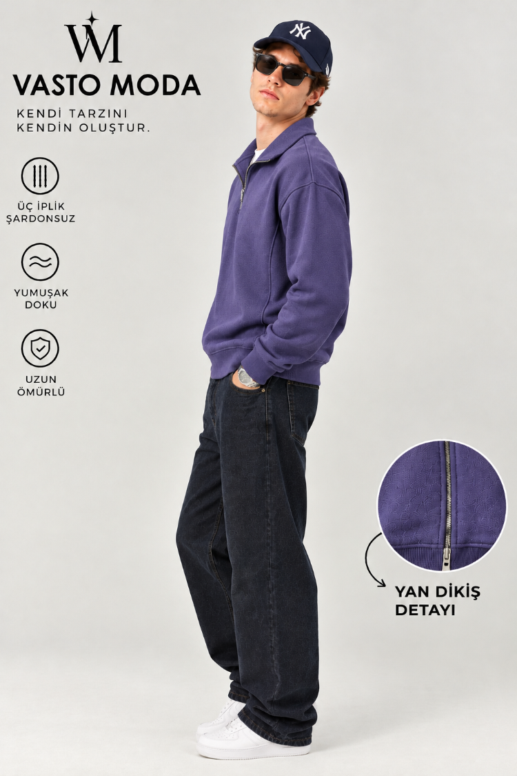 Vasto Moda Erkek Oversize Kalın Dokulu 3 İplik Şardonsuz Bisiklet Yakalı Basic Yarım Fermua