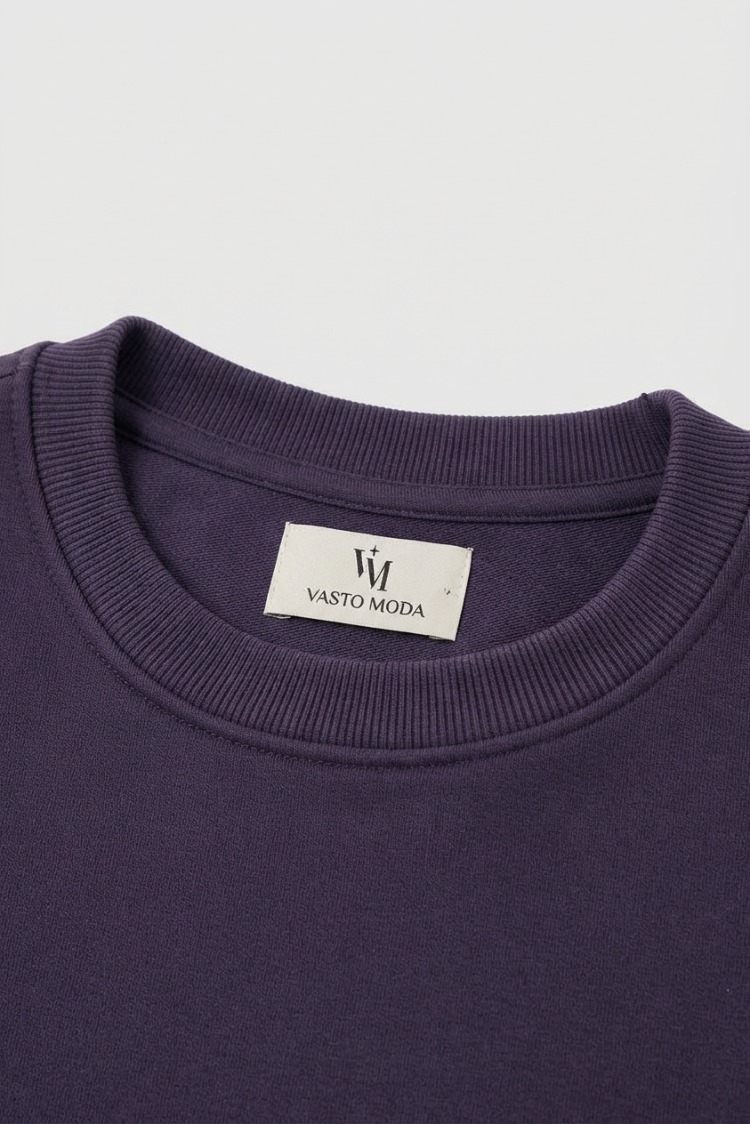Erkek Oversize Kalın Dokulu 3 İplik Şardonsuz Ribanalı Bisiklet Yakalı Basic Mor Sweatshirt