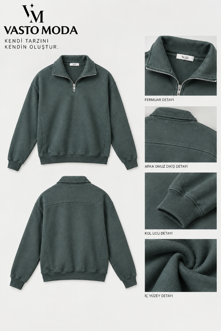 Vasto Moda Erkek Oversize Kalın Dokulu 3 İplik Şardonsuz Bisiklet Yakalı Basic Yarım Fermua