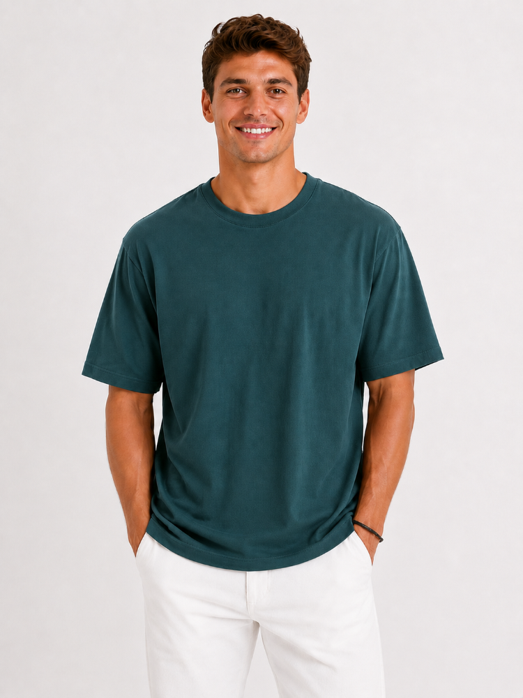 Erkek Tam Oversize Kalıp Kalın %100 Pamuk Bisiklet Ribana Yakalı Petrol Yeşili T-Shirt