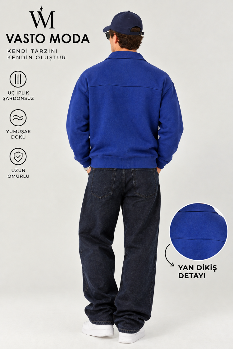 Vasto Moda Erkek Oversize Kalın Dokulu 3 İplik Şardonsuz Bisiklet Yakalı Basic Yarım Fermua