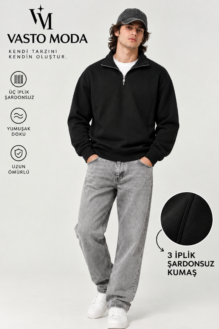 Vasto Moda Erkek Oversize Kalın Dokulu 3 İplik Şardonsuz Bisiklet Yakalı Basic Yarım Fermua