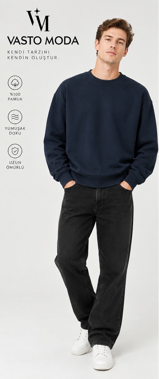 Erkek Oversize Kalın Dokulu 3 İplik Şardonsuz Bisiklet Yakalı Basic Lacivert Sweatshirt