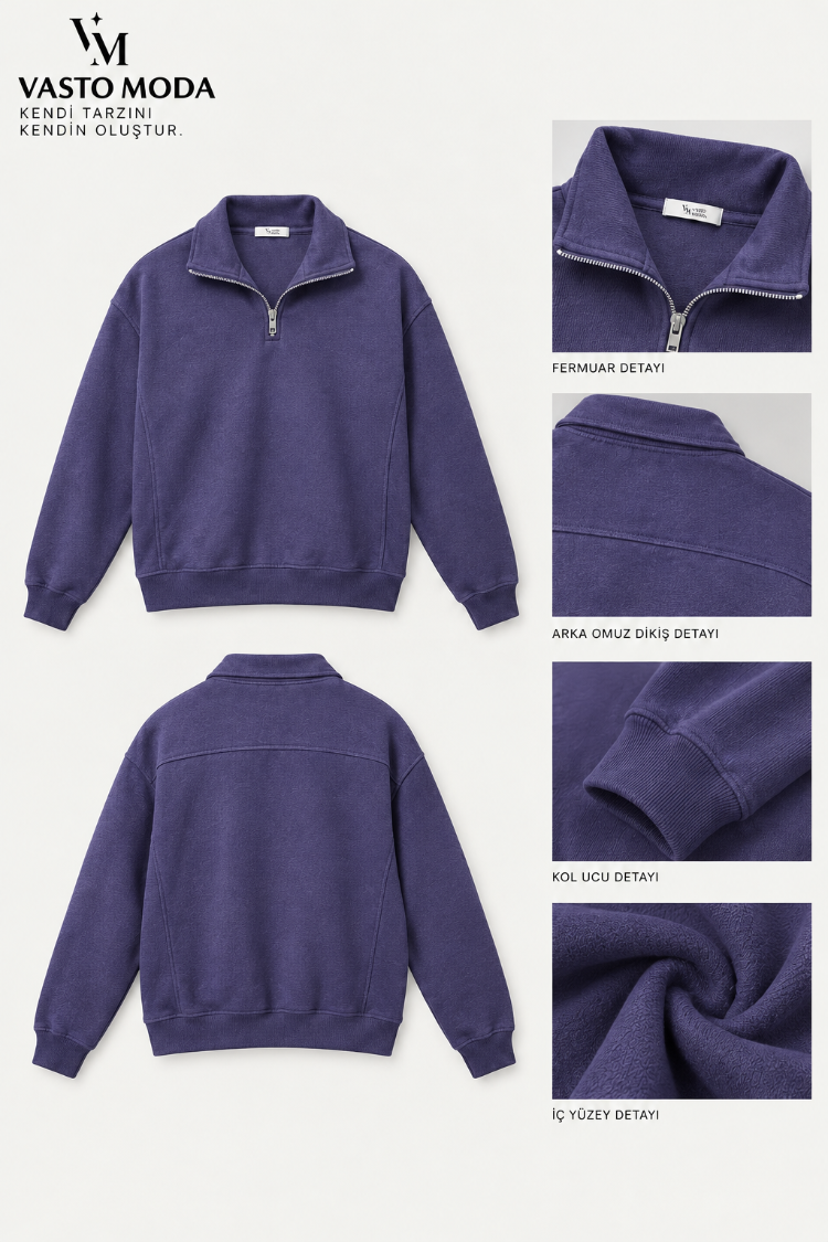 Vasto Moda Erkek Oversize Kalın Dokulu 3 İplik Şardonsuz Bisiklet Yakalı Basic Yarım Fermua