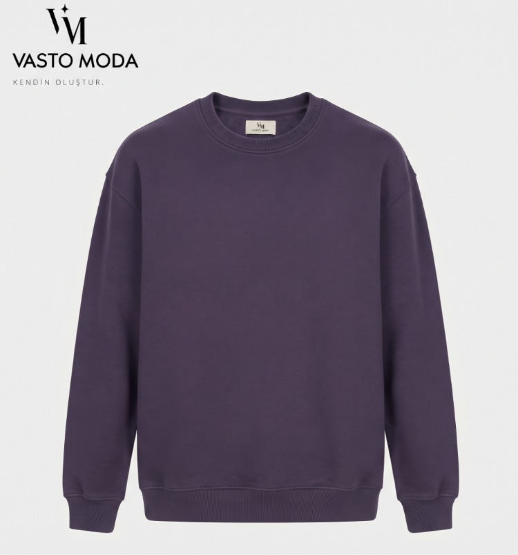 Erkek Oversize Kalın Dokulu 3 İplik Şardonsuz Ribanalı Bisiklet Yakalı Basic Mor Sweatshirt