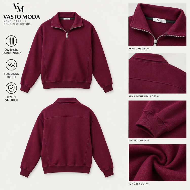 Vasto Moda Erkek Oversize Kalın Dokulu 3 İplik Şardonsuz Bisiklet Yakalı Basic Yarım Fermua