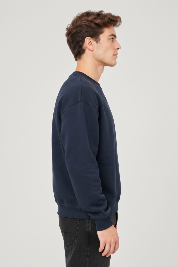 Erkek Oversize Kalın Dokulu 3 İplik Şardonsuz Bisiklet Yakalı Basic Lacivert Sweatshirt