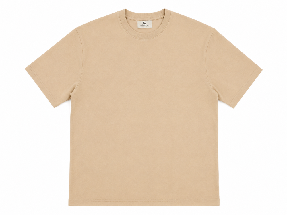 Erkek Tam Oversize Kalıp Kalın Dokulu %100 Organik Pamuk Bisiklet Ribana Yakalı Bej T-Shirt