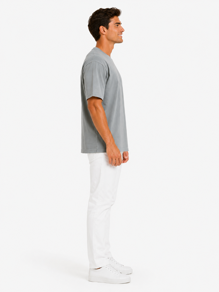 Erkek Tam Oversize Kalıp Kalın Dokulu %100 Pamuk Bisiklet Ribana Yakalı Açık Gri T-Shirt