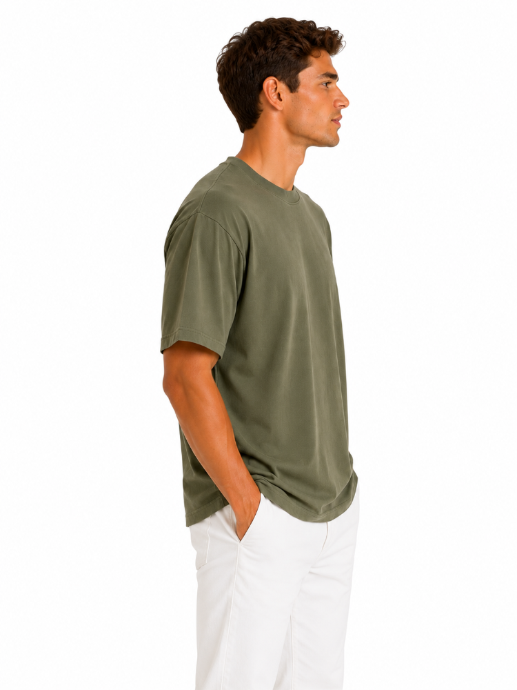 Erkek Tam Oversize Kalıp Kalın Dokulu %100 Organik Pamuk Bisiklet Ribana Yakalı Haki T-Shirt