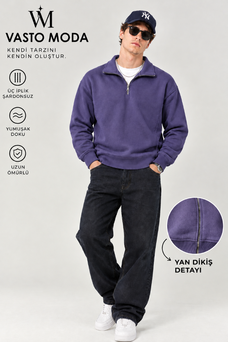 Vasto Moda Erkek Oversize Kalın Dokulu 3 İplik Şardonsuz Bisiklet Yakalı Basic Yarım Fermua