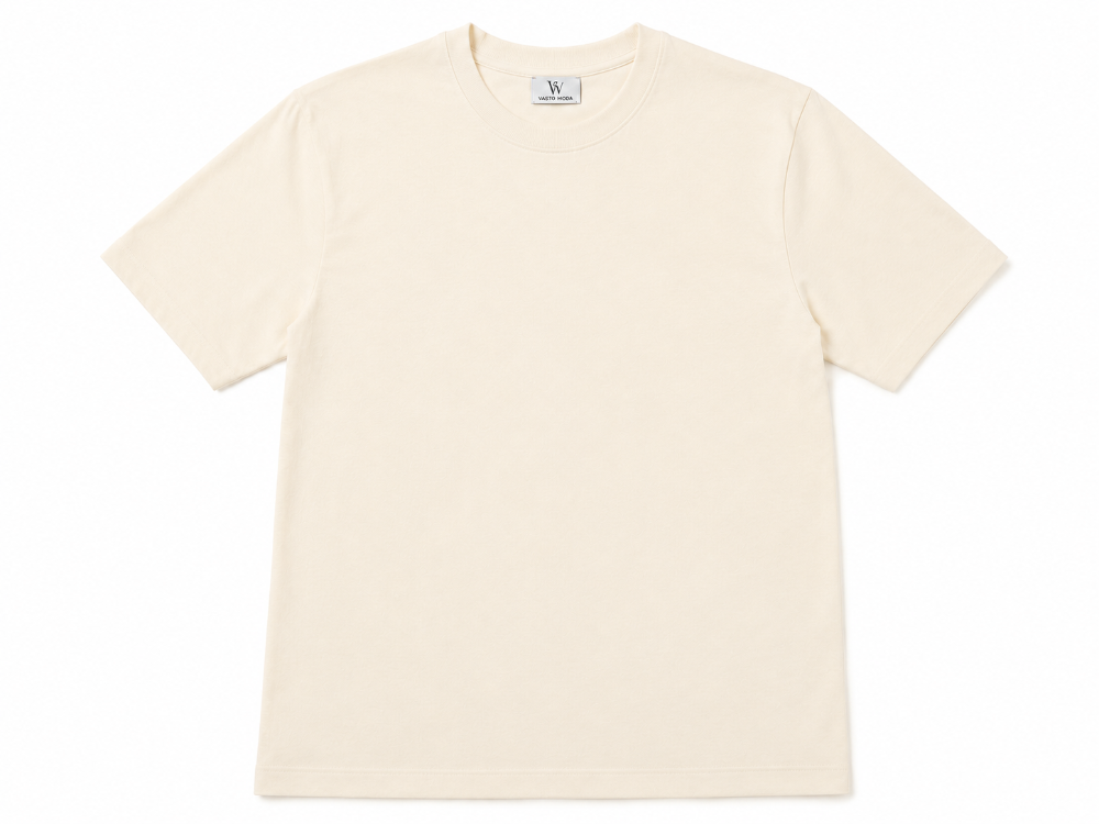 Erkek Oversize Kalın Dokulu %100 Organik Pamuk Bisiklet Ribana Yakalı Ekru T-Shirt