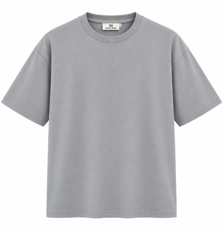 Erkek Tam Oversize Kalıp Kalın Dokulu %100 Pamuk Bisiklet Ribana Yakalı Açık Gri T-Shirt
